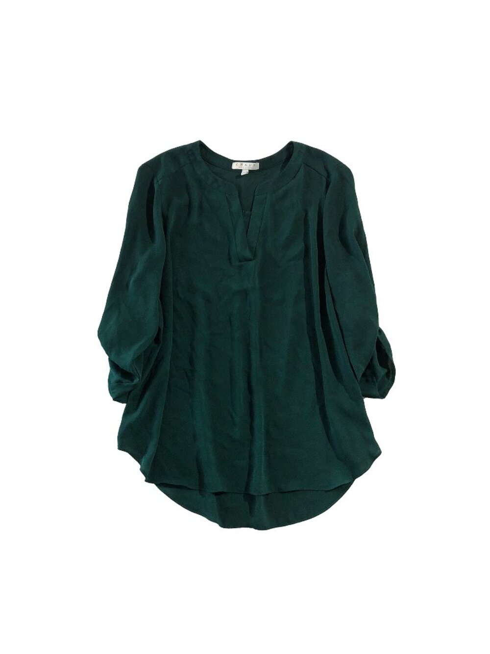 Chaus NY Blouse Womens Size XL Jasper Green V-Neck Roll Tab Sleeve Tunic
